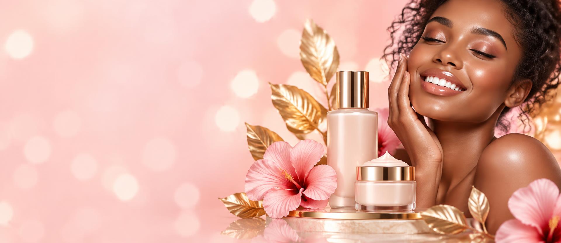 Woman with glowing skin beside ZoeyAnnie skincare